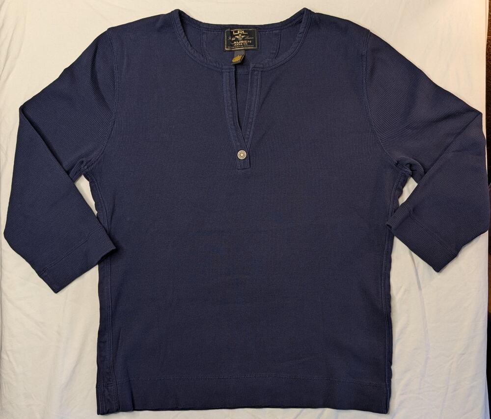 Vtg Y2K Lauren Ralph Lauren LRL Split Neck T Shirt Henley Sz M Navy Blue Preppy